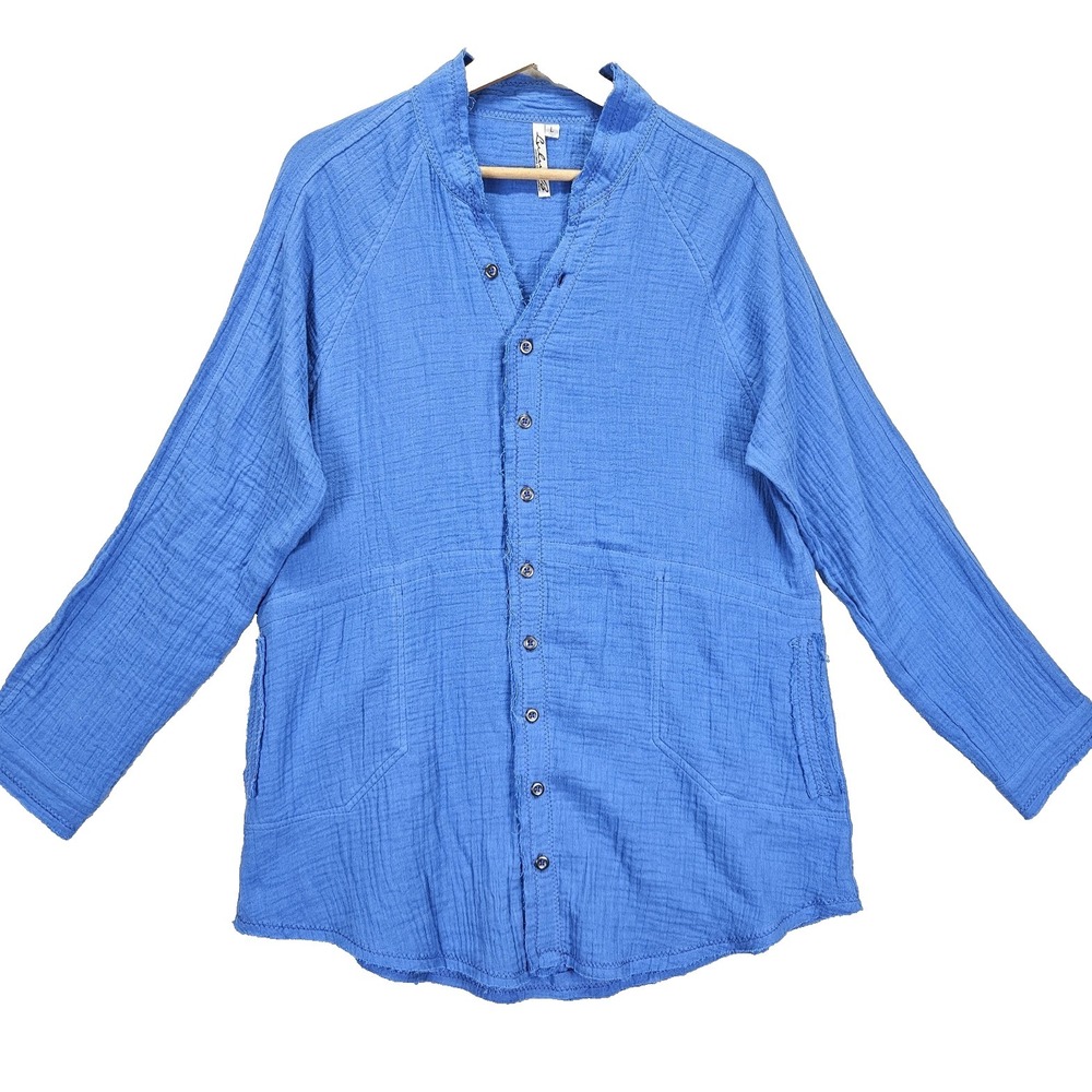Lulu B Top Lightweight Gauze jacket Button Front V-Neck Size Large Blue Pockets